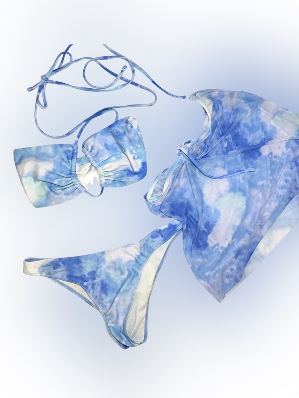 SHEIN Blue Tie Dye 3 Piece Bikini Set Cover Up • Sheer Swim Sarong Skirt Large